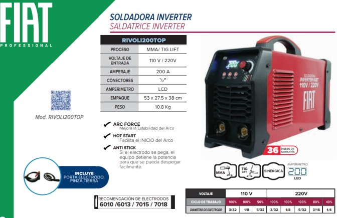 FIAT RIVOLI200TOP SOLDADORA INVERSORA MMA/TIG, 200A, 110/220V