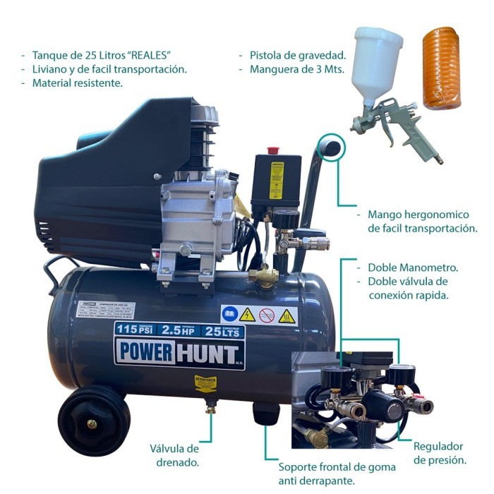 POWER HUNT COMPHKIT25L Kit compresor 25L doble conexión rápida manguera 3mts y pistola de gravedad